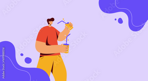 Illustration of a person preparing refreshing drinks with colorful straws against a light purple background with copy space. Perfect for summer, healthy lifestyle, or beverage promotions.