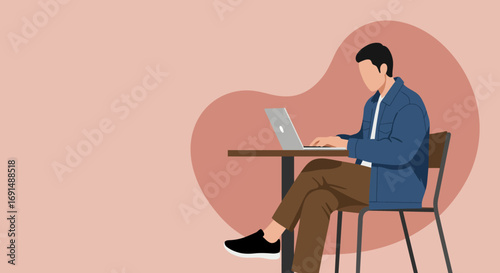 A focused man works on his laptop at a table, representing productivity, remote work, and modern digital lifestyle. Ideal for business, technology, or educational themes.