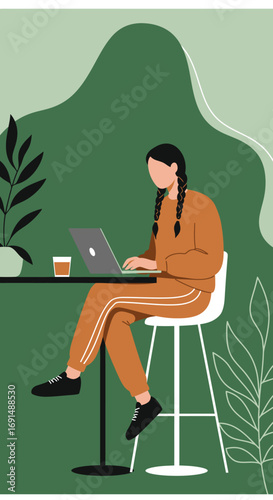 Casual young woman focused on her laptop in a modern, green-themed setting. Ideal for remote work, freelancing, online education, or digital lifestyle concepts.
