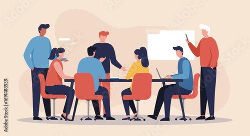 Diverse business team collaborating in an office meeting. Professionals discussing strategy and ideas, fostering teamwork and productivity.
