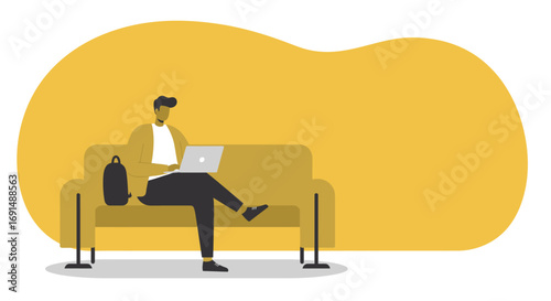 Young man comfortably works or studies remotely on a laptop while sitting on a couch, embodying modern freelance, education, or casual business concepts.