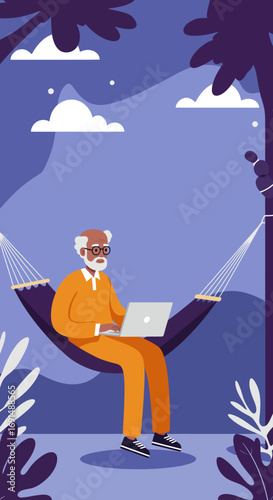 An elderly man relaxes in a hammock while using a laptop outdoors, illustrating remote work, digital lifestyle, and active retirement.