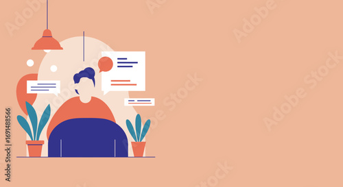 Illustration of a person interacting with speech bubbles, representing online communication, digital connection, and virtual collaboration in a modern setting.