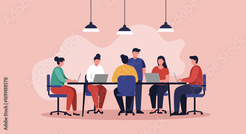 Diverse business team collaborating in a modern office meeting, working together on laptops. Represents teamwork, innovation, and professional productivity.
