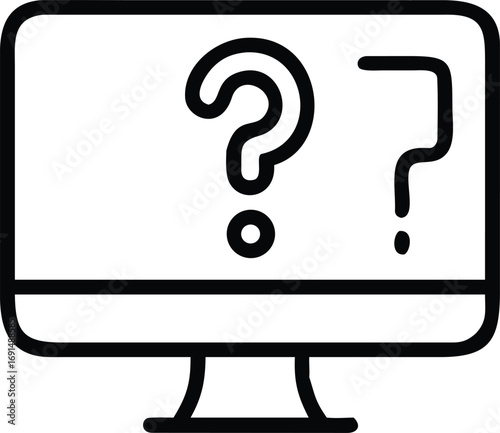 Black line art computer monitor showing multiple question mark symbols