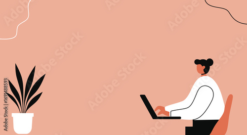 Illustration of a person focused on working remotely with a laptop in a modern, minimalist home office. Ideal for themes of productivity, online business, and digital lifestyle.
