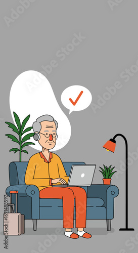 Happy senior man with headphones using laptop on a comfortable sofa at home, symbolizing successful online tasks or travel planning. Digital literacy for seniors.