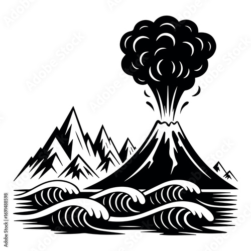 Volcano eruption vector illustration with mountains and ocean waves landscape black and white graphic nature scene