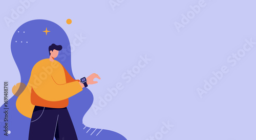 Man in yellow sweater checking smartwatch, representing modern technology use, connectivity, and digital lifestyle. Ideal for tech, health, or business concepts.