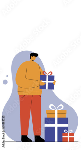 Man holding a blue gift box, with more presents on the side. Represents holiday shopping, celebration, giving, and receiving gifts for special occasions or events.