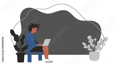 A person with dreadlocks works remotely on a laptop in a modern, minimalist home office setting with plants. Represents productivity, online learning, and flexible work.