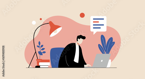 Professional working diligently on a laptop at a modern desk with office essentials, perfect for remote work, online communication, business, or education concepts.