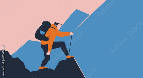 Person with backpack and helmet climbs a steep mountain, symbolizing determination, progress, and overcoming challenges. Ideal for business, travel, and lifestyle concepts.