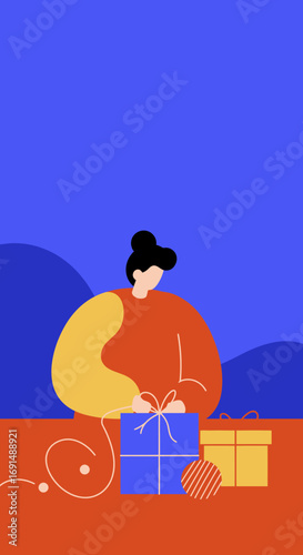 A person thoughtfully wraps a blue gift box with a ribbon, preparing for a special occasion or holiday celebration. Ideal for gifting concepts.