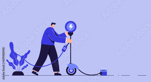 Man charging an electric scooter, symbolizing sustainable urban mobility and eco-friendly transportation solutions for modern city life.