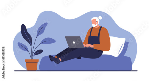 Comfortable person working on a laptop at home, embodying remote work and a relaxed digital lifestyle with a potted plant nearby. Ideal for concepts of productivity and leisure.