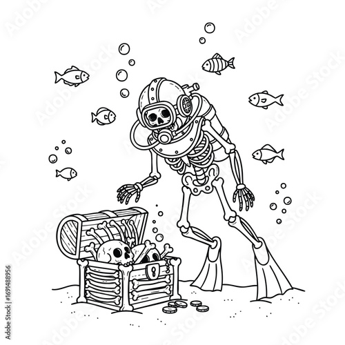 Cartoon skeleton deepsea diver with a treasure chest of skulls and coins on the ocean floor.