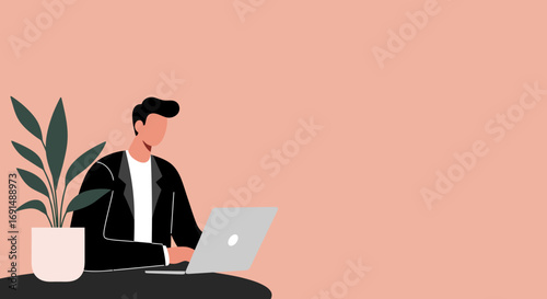 Minimalist illustration of a man working on a laptop at a desk with a plant. Represents remote work, productivity, technology, and modern business lifestyle.