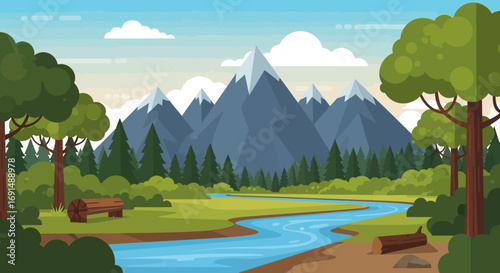 Mountain River Landscape Illustration