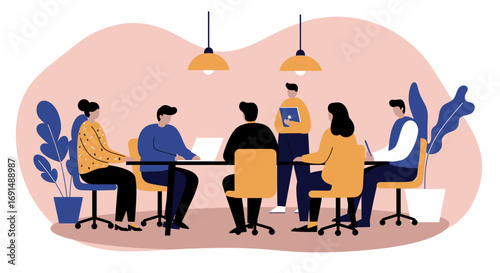 Team of professionals collaborating in a modern office meeting, brainstorming ideas for business strategy, project development, and teamwork.