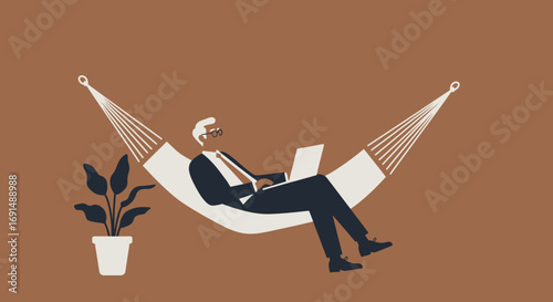 Relaxed businessman in a suit works on a laptop while comfortably lounging in a hammock. Concept of remote work, work-life balance, flexible schedule, and digital nomad lifestyle.