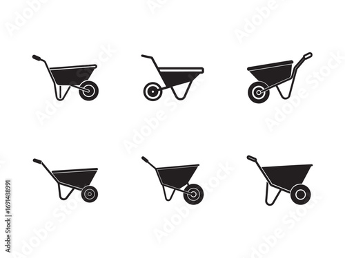 Set of Wheelbarrow Silhouettes for Gardening Construction and Agriculture Projects Various Styles in Black and White Vector Illustration