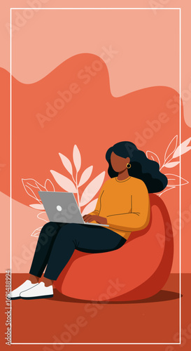 Young woman comfortably working on her laptop from a bean bag chair at home. Ideal for remote work, freelancing, online learning, or casual digital lifestyle concepts.