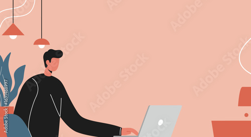 Man focused on remote work using a laptop in a modern, minimalist home office setting. Ideal for business, technology, and lifestyle concepts.