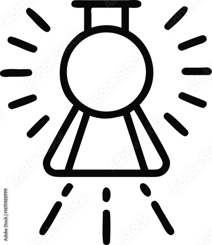 Black line art illustration of a spotlight with radiance rays, flat design
