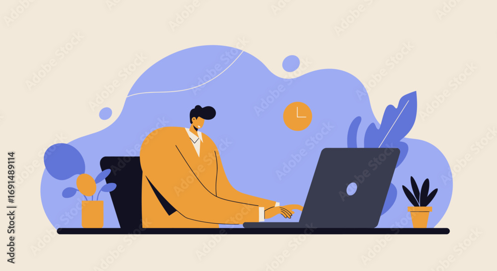 Fototapeta premium Young professional focused on his laptop, working efficiently in a modern, minimalist office. Perfect for business, productivity, remote work, or tech themes.