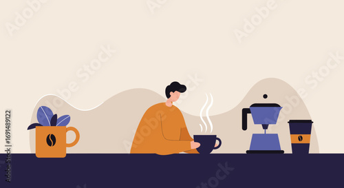 Person enjoying a hot cup of coffee with a coffee maker and a plant nearby, illustrating a relaxing morning routine or coffee break. Ideal for lifestyle.