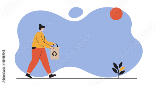 A person walks, carrying an eco-friendly paper bag with a recycling symbol, promoting sustainable shopping and environmental consciousness.
