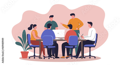 Diverse business team collaborating in a modern office, engaged in a productive meeting. Illustrates teamwork, communication, strategy, and corporate project development.