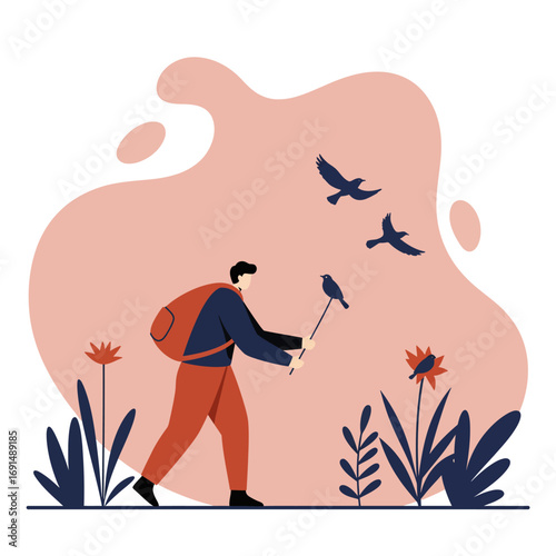 Man with backpack exploring nature, observing a bird on his stick while others fly. Represents outdoor adventure, freedom, and connection with wildlife, ideal for travel and lifestyle concepts.