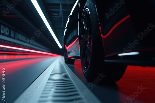 Sleek modern car driving through illuminated tunnel with red and blue ambient lighting, dynamic low angle urban night scene