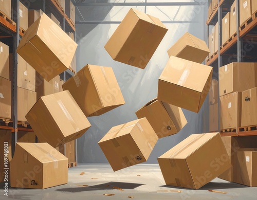 Cardboard boxes falling in a warehouse