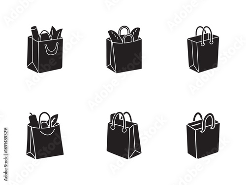 Shopping Bags with Groceries Vector Set in Black and White Minimalist Style Retail and Commerce Concepts