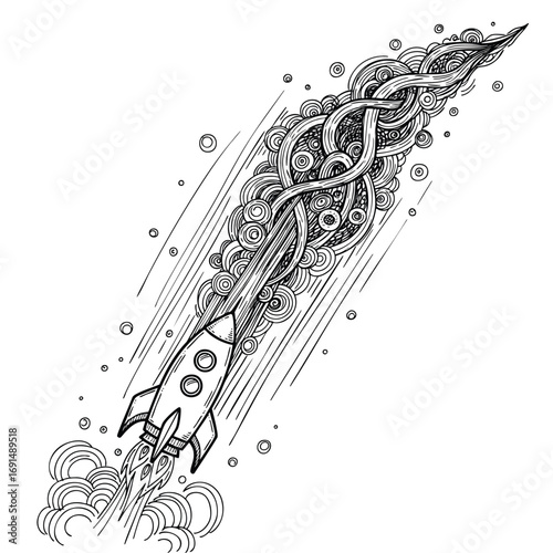 Doodle art illustration of a retro rocket with an intricate patterned smoke trail.