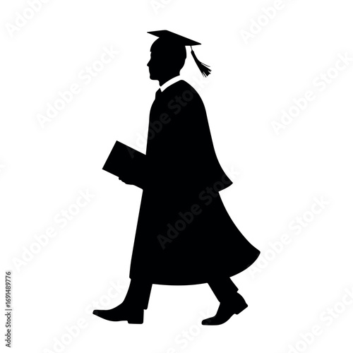 Silhouette of a graduate walking with diploma for graduation ceremony education success achievement celebration day