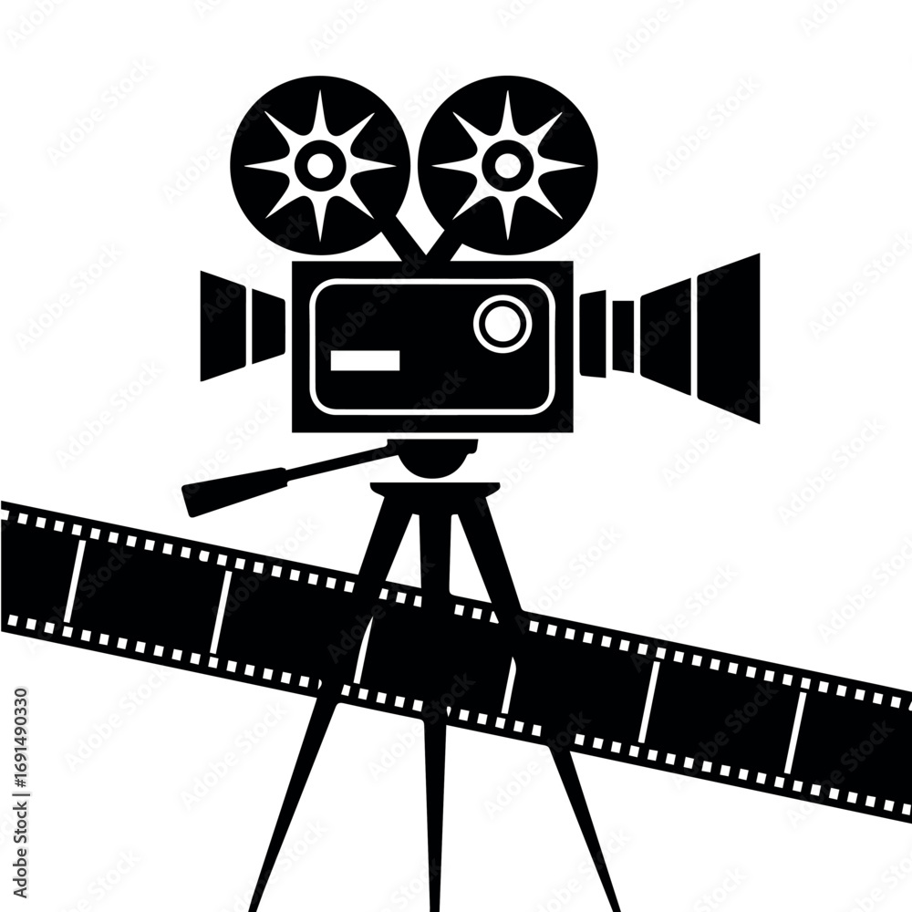 Obraz premium Vintage movie camera vector illustration for filmmaking and cinematography with film reel and tripod stand