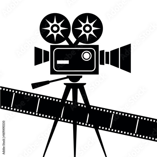Vintage movie camera vector illustration for filmmaking and cinematography with film reel and tripod stand