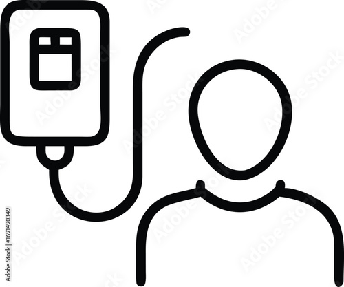 Black outline drawing of patient with IV bag on a white backdrop