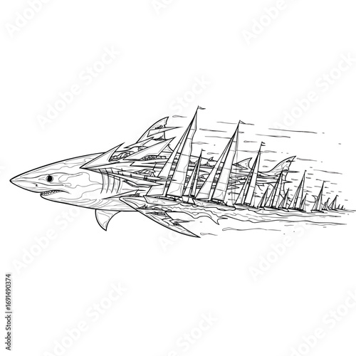 Handdrawn illustration of a surreal shark composed of a fleet of racing sailboats.