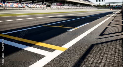 Close-up view of an empty race track with asphalt surface and markings on a sunny day