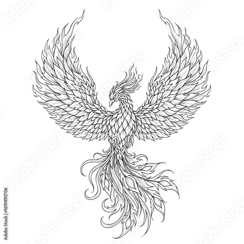 Intricate black and white line art of a majestic phoenix with wings spread wide.