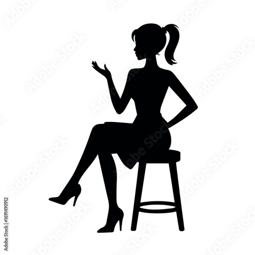 Silhouette woman sitting on stool vector art illustration design graphic image black and white female pose drawing
