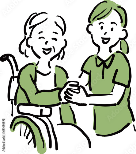 Caregiver and Elderly Woman in Wheelchair – Hand-drawn Vector