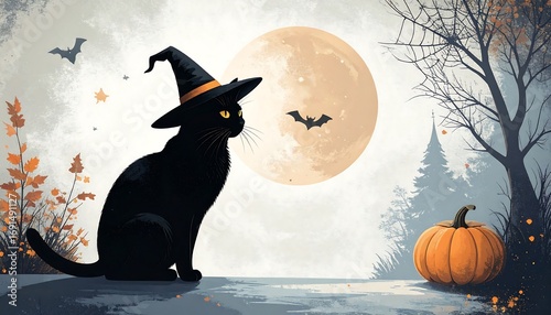 Black cat in witch hat, autumnal scene