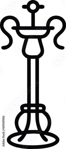 Black outline illustration of vintage hookah with hose isolated on white background
