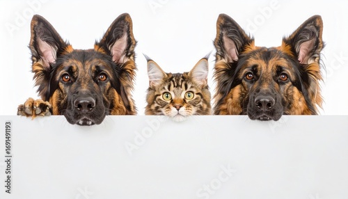 Maine Coon cat and two German Shepherd dogs peeking over a white blank board.
